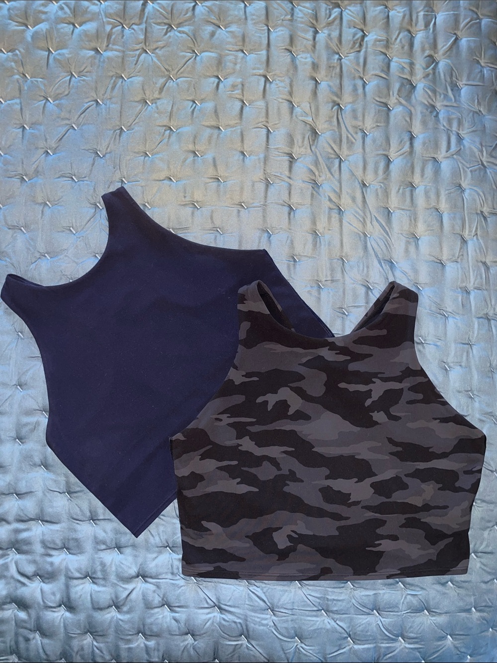 2 Athleta Women’s Crop Tank Tops with Built-In Bras - L Navy and XL Black Camo